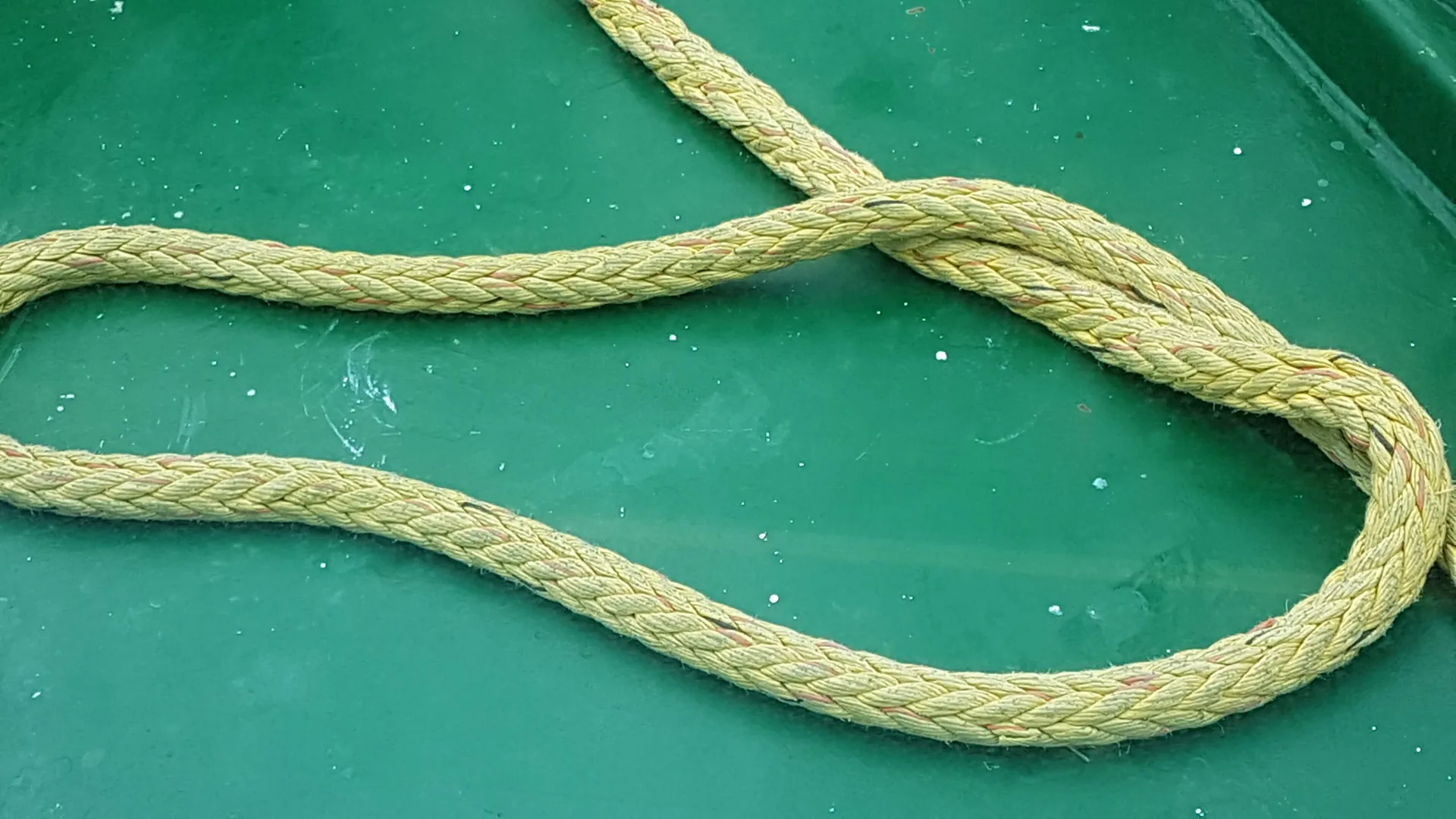 A thick, braided yellow rope is arranged in a curve and loose loop on a green painted deck with speckles.