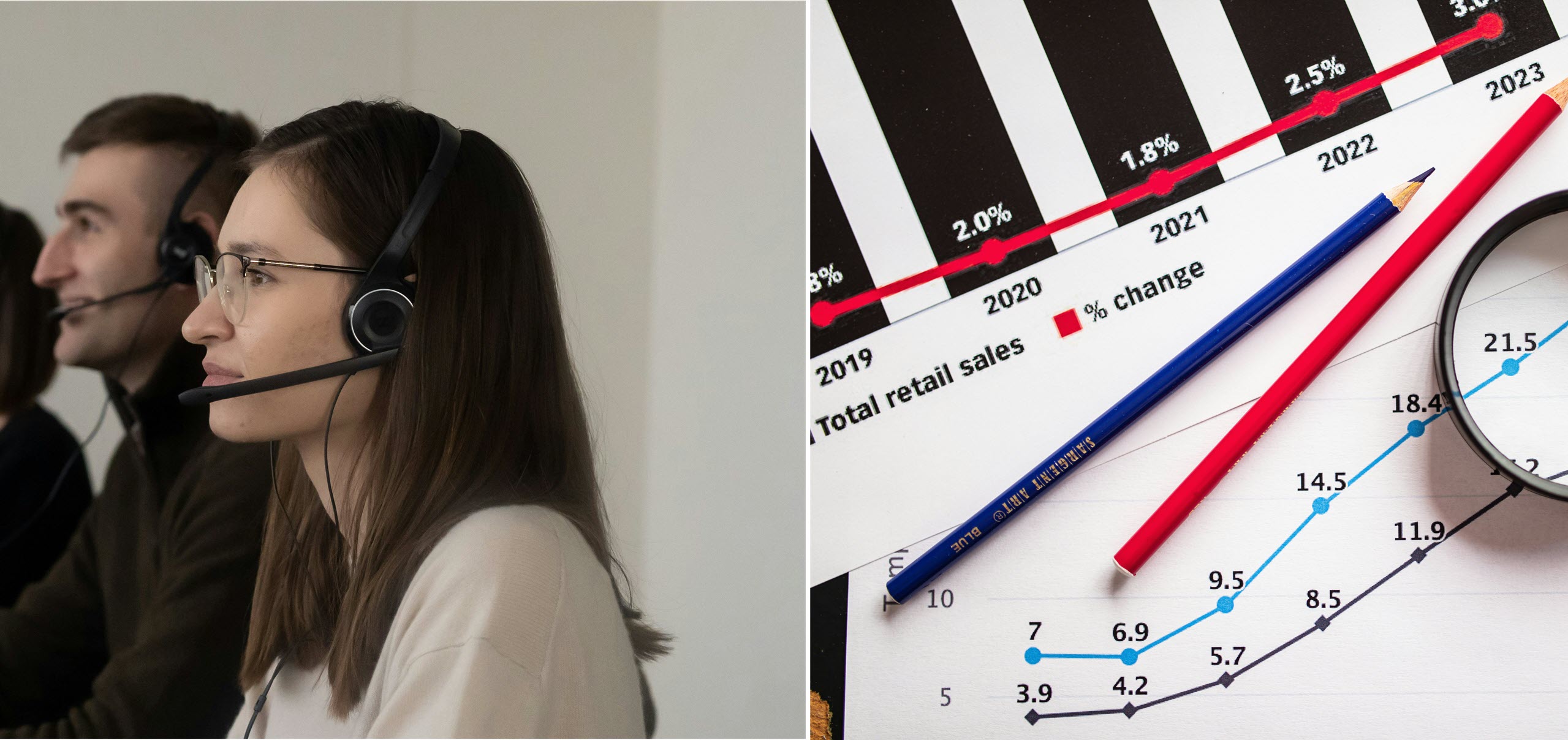 A split image showing a support ticket queue on one side and a product evaluation session on the other, representing the two primary value contexts for user assistance content.